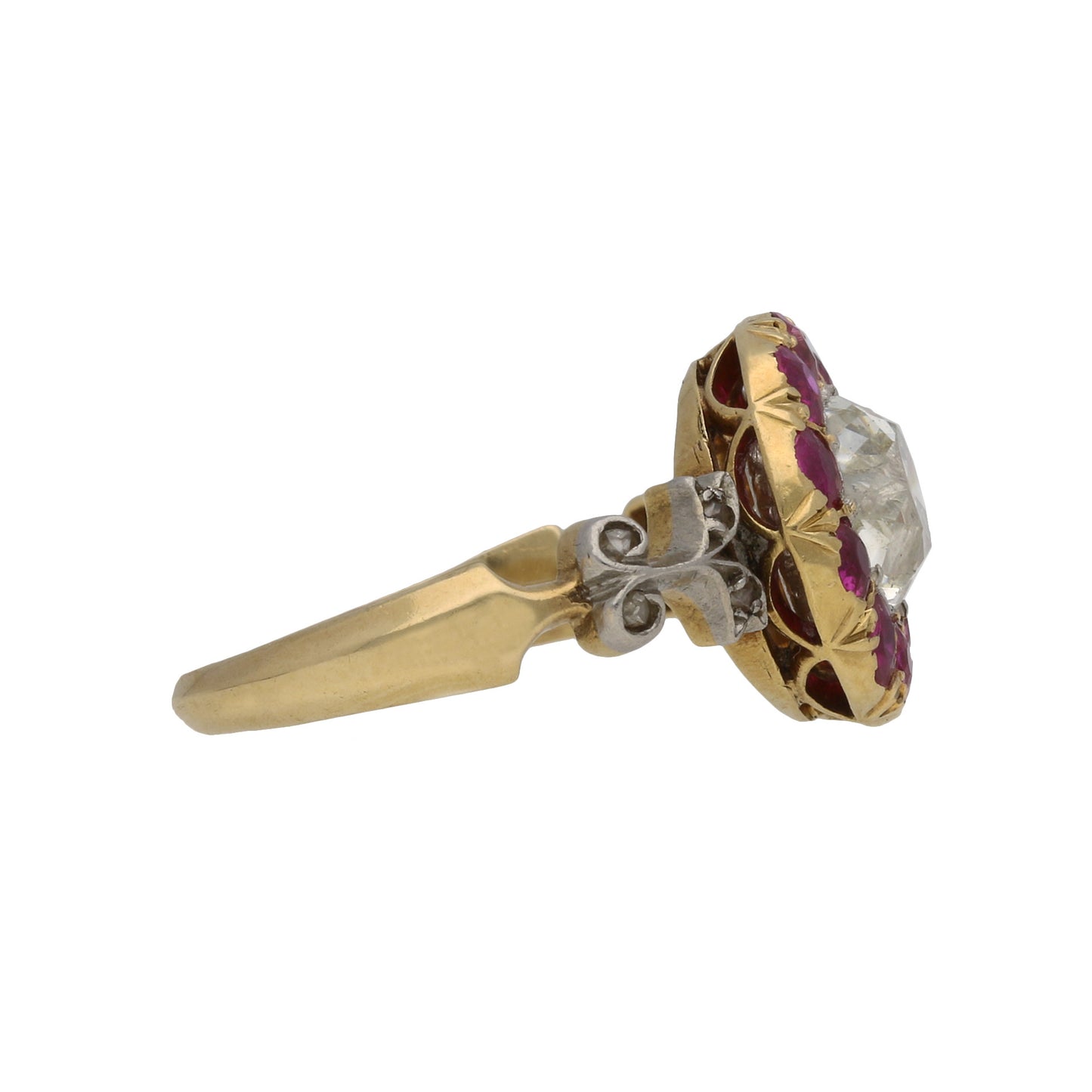 Maurice Beck Edwardian Platinum & 18KT Yellow Gold Diamond & Ruby Ring side