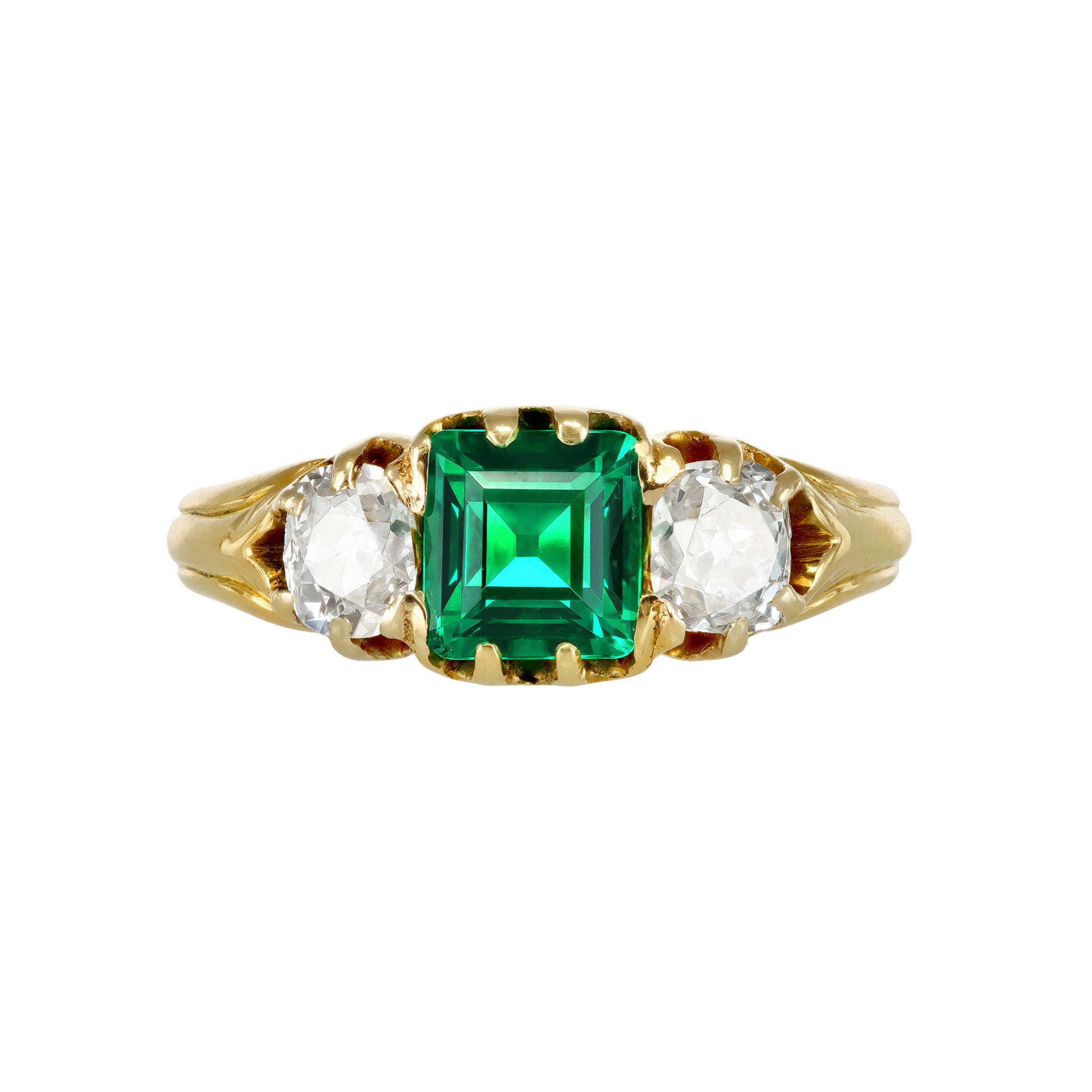 Victorian 18KT Yellow Gold Emerald & Diamond Ring front