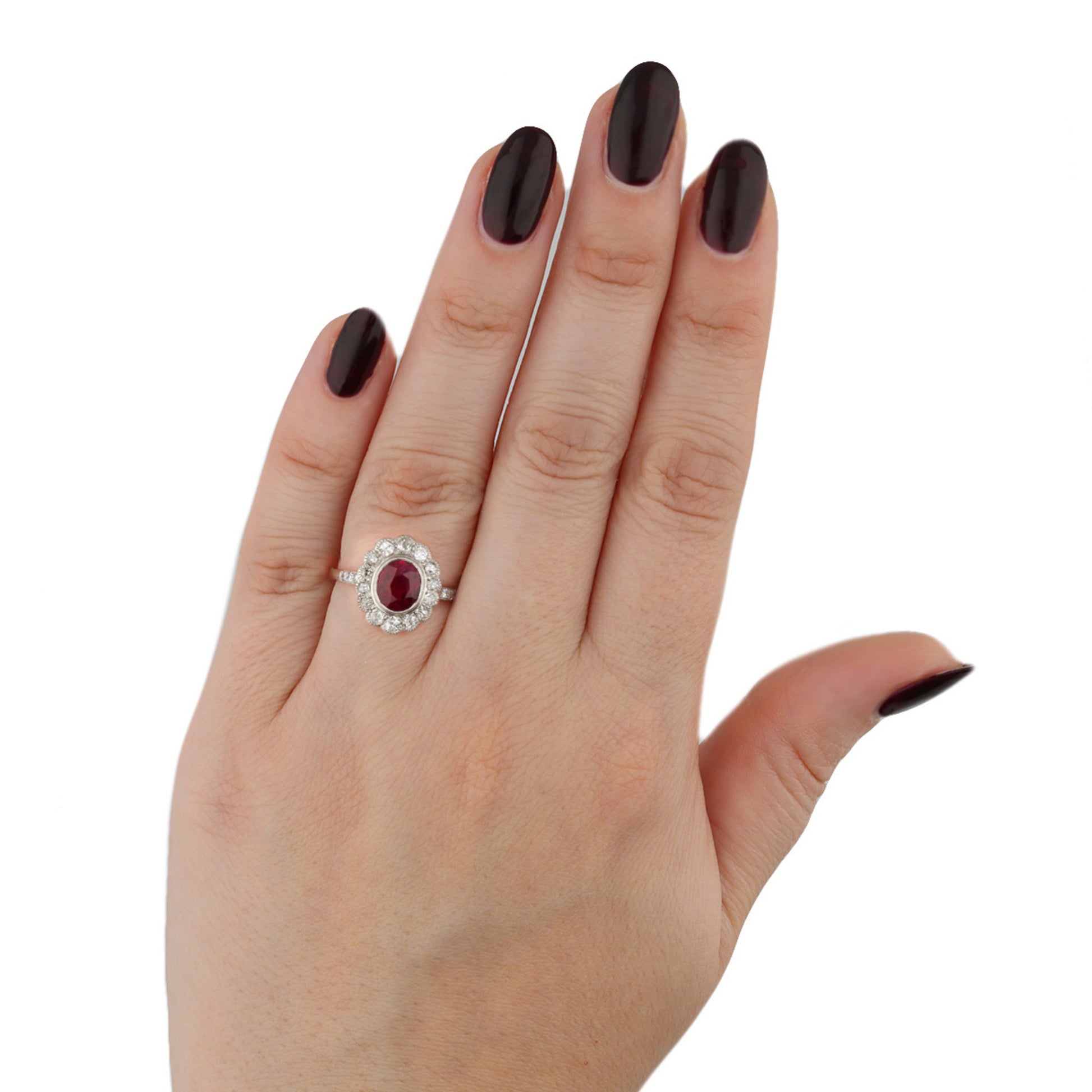 Edwardian Platinum Ruby & Diamond Ring on finger