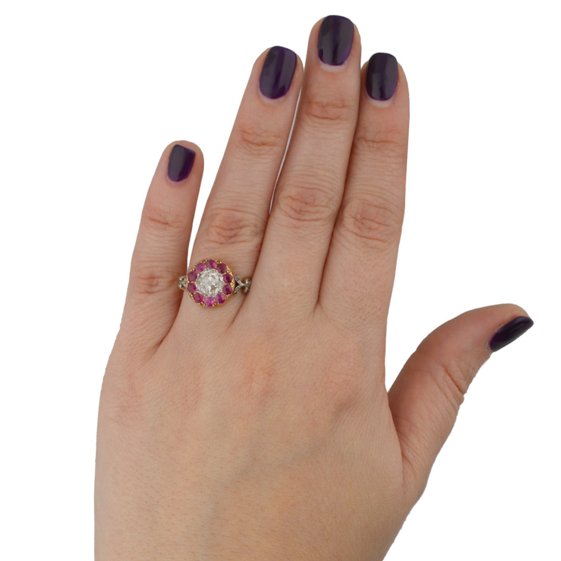 Maurice Beck Edwardian Platinum & 18KT Yellow Gold Diamond & Ruby Ring on finger