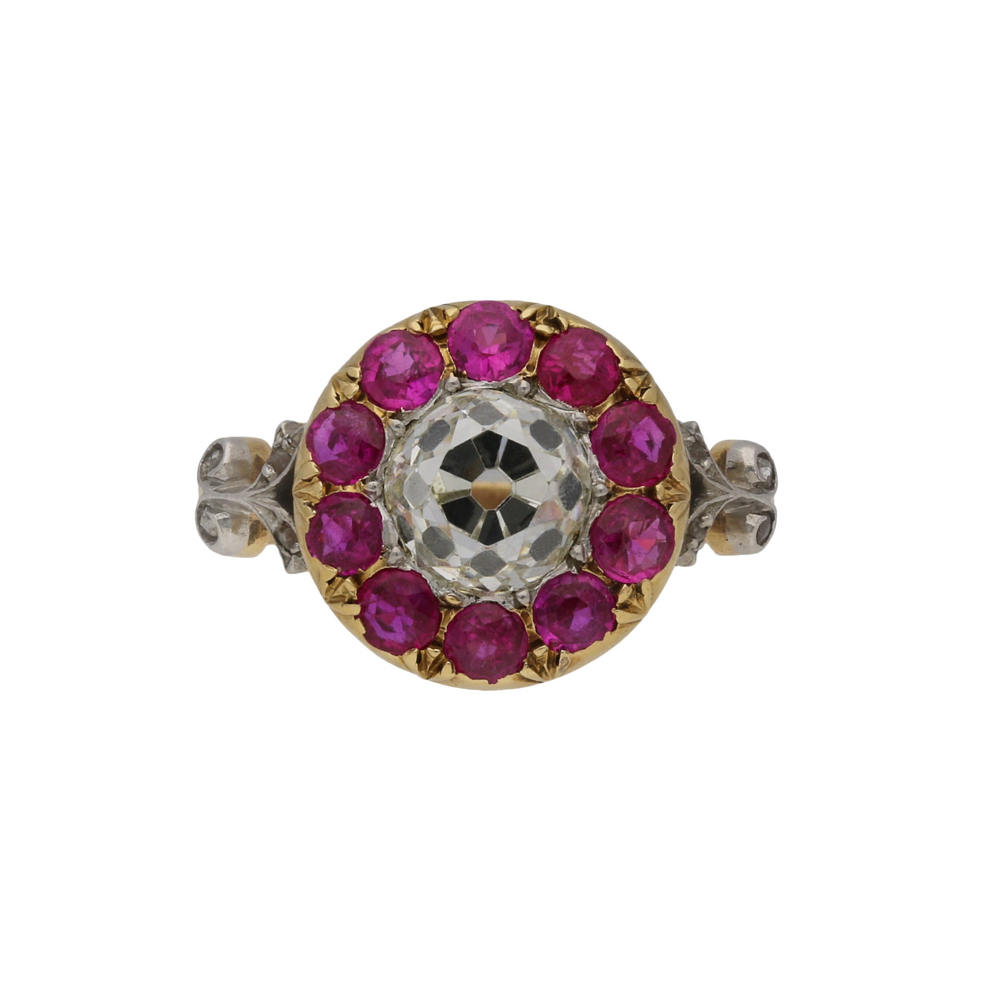 Maurice Beck Edwardian Platinum & 18KT Yellow Gold Diamond & Ruby Ring front