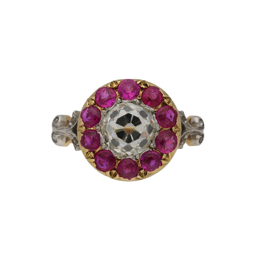 Maurice Beck Edwardian Platinum & 18KT Yellow Gold Diamond & Ruby Ring front