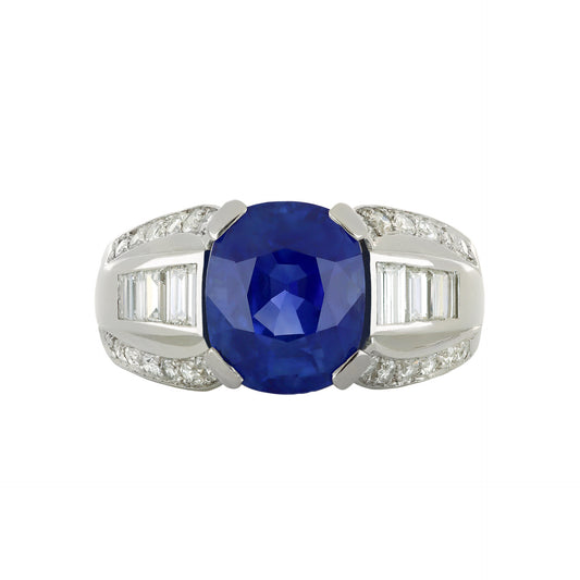 French 1930s Platinum Sapphire & Diamond Ring front