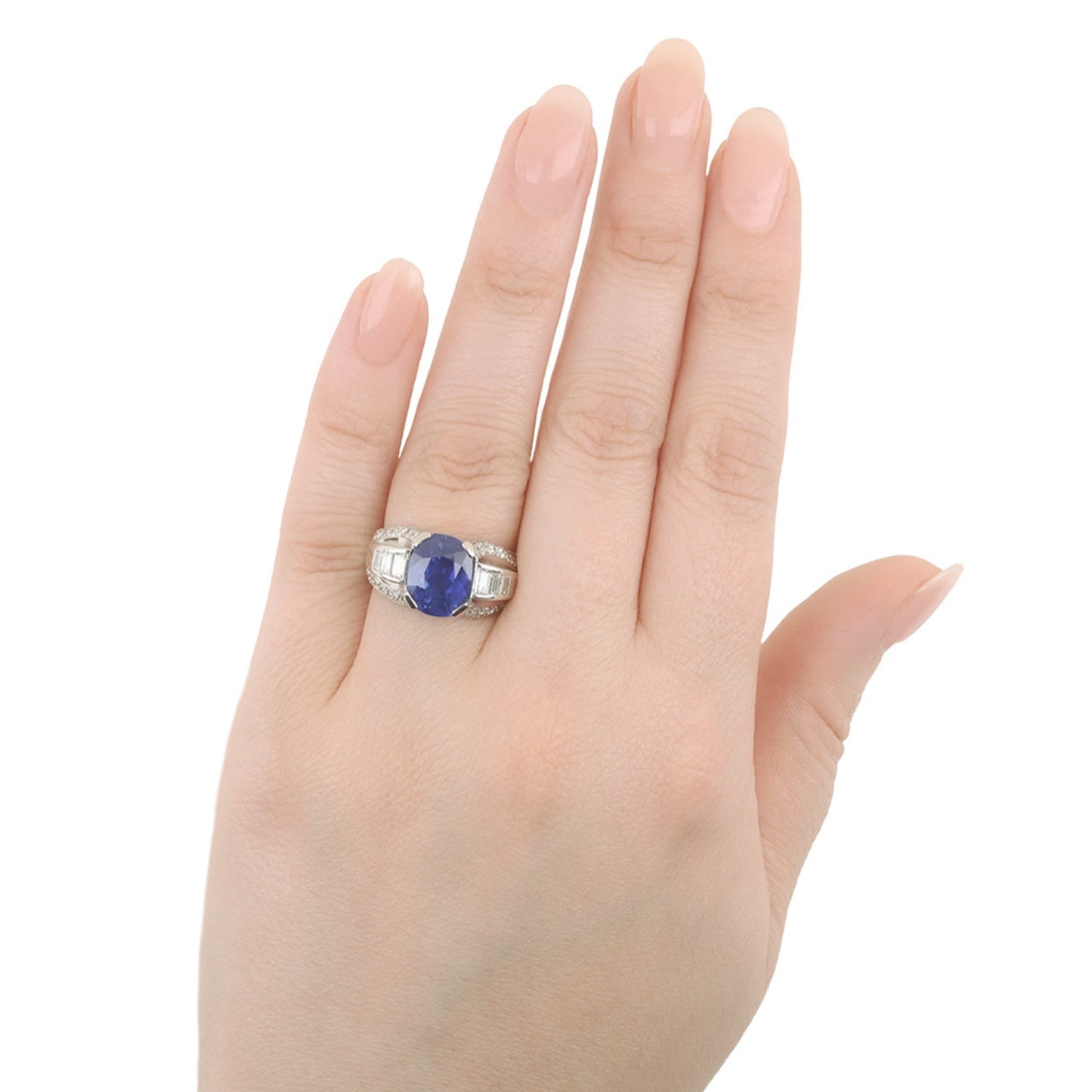 French 1930s Platinum Sapphire & Diamond Ring on finger