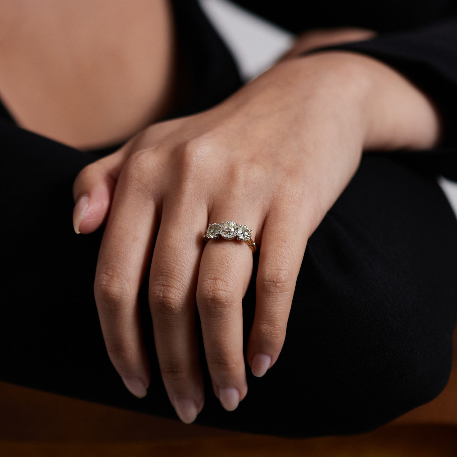 Edwardian Platinum & 18KT Yellow Gold Diamond Ring on finger