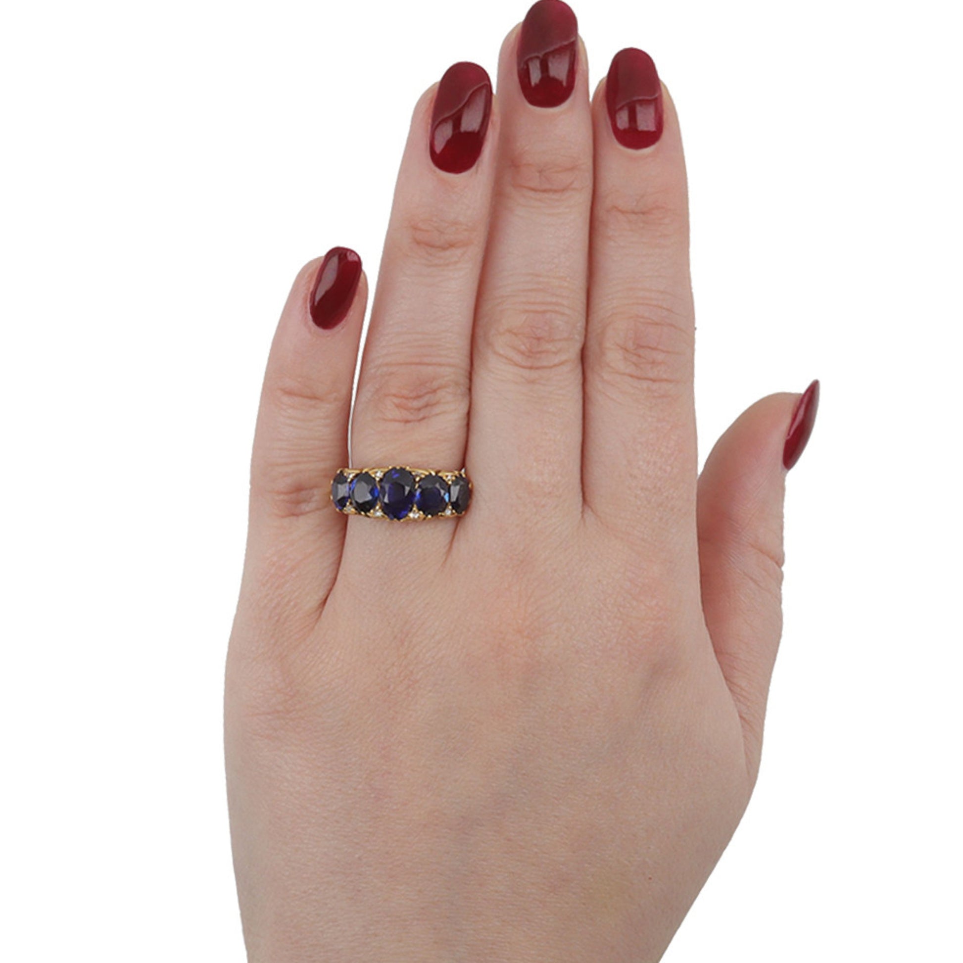 Victorian 18KT Yellow Gold Sapphire & Diamond Ring on finger