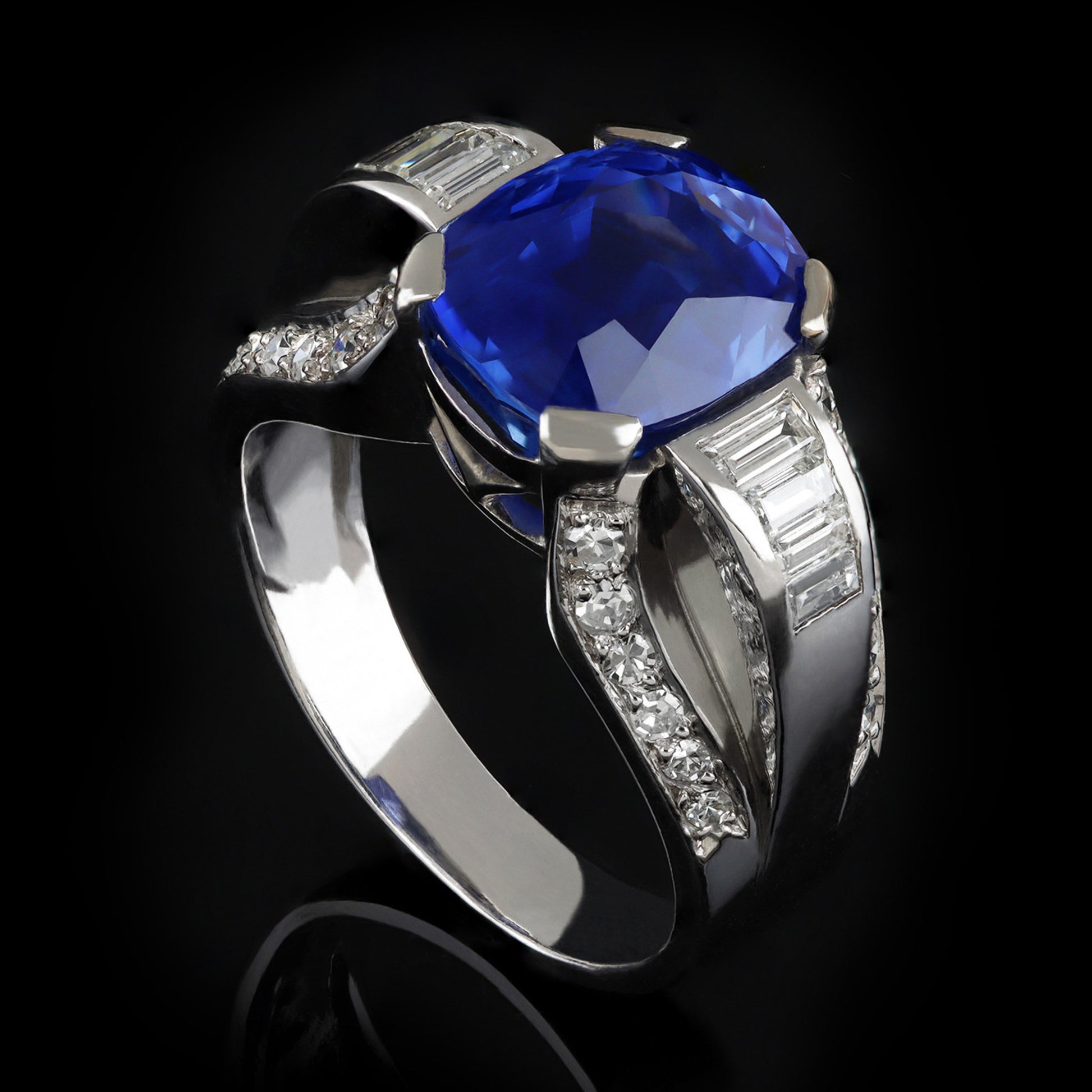 French 1930s Platinum Sapphire & Diamond Ring side
