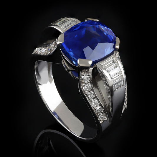 French 1930s Platinum Sapphire & Diamond Ring side