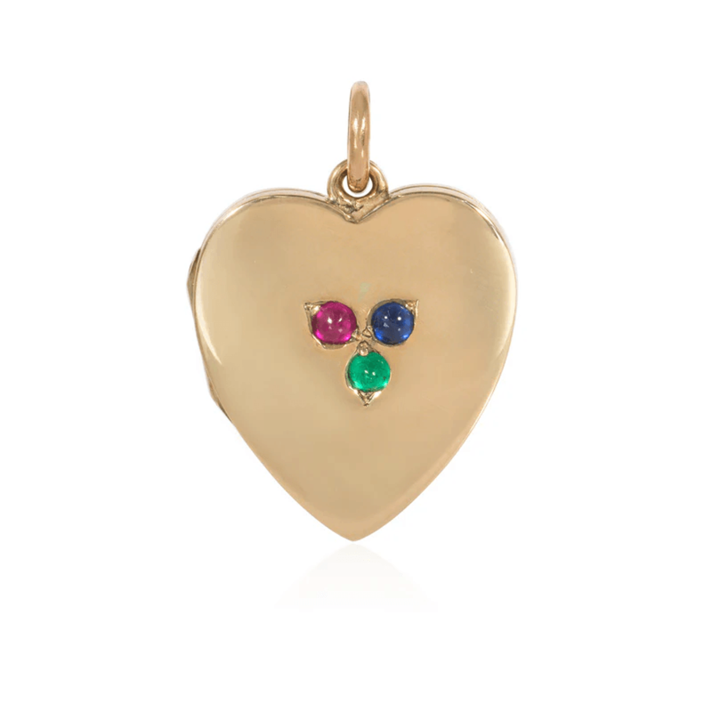 English Victorian 15KT Yellow Gold Emerald, Ruby & Sapphire Heart Locket Pendant front