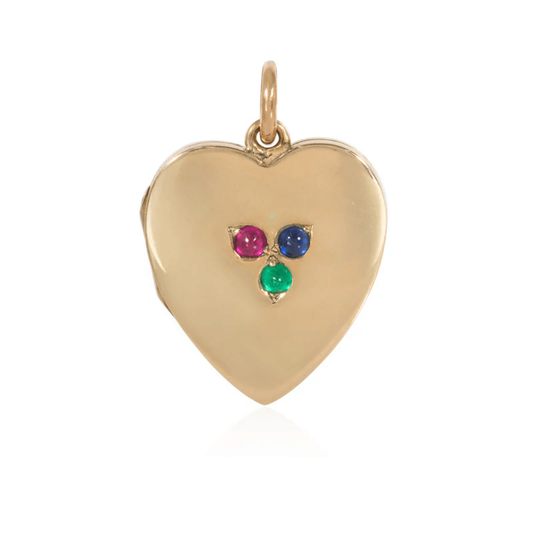 English Victorian 15KT Yellow Gold Emerald, Ruby & Sapphire Heart Locket Pendant front