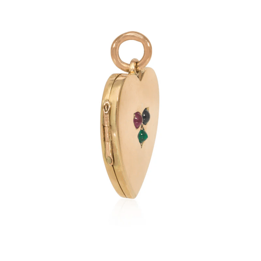 English Victorian 15KT Yellow Gold Emerald, Ruby & Sapphire Heart Locket Pendant side