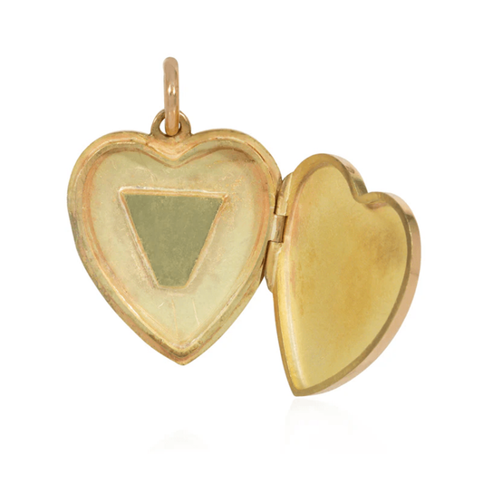 English Victorian 15KT Yellow Gold Emerald, Ruby & Sapphire Heart Locket Pendant inside locket
