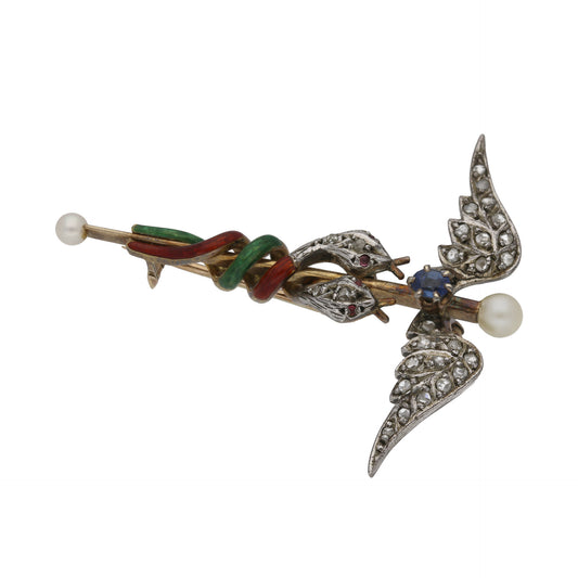 Victorian Silver & 18KT Yellow Gold Sapphire, Diamond, Enamel, Natural Pearl & Ruby Caduceus Brooch front