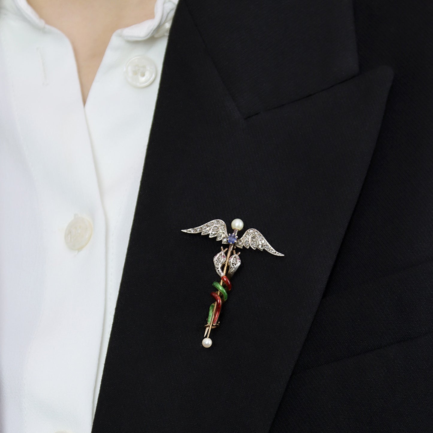 Victorian Silver & 18KT Yellow Gold Sapphire, Diamond, Enamel, Natural Pearl & Ruby Caduceus Brooch on lapel