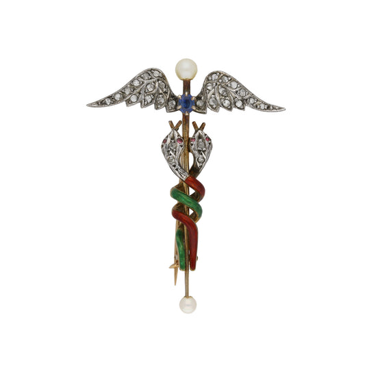 Victorian Silver & 18KT Yellow Gold Sapphire, Diamond, Enamel, Natural Pearl & Ruby Caduceus Brooch front