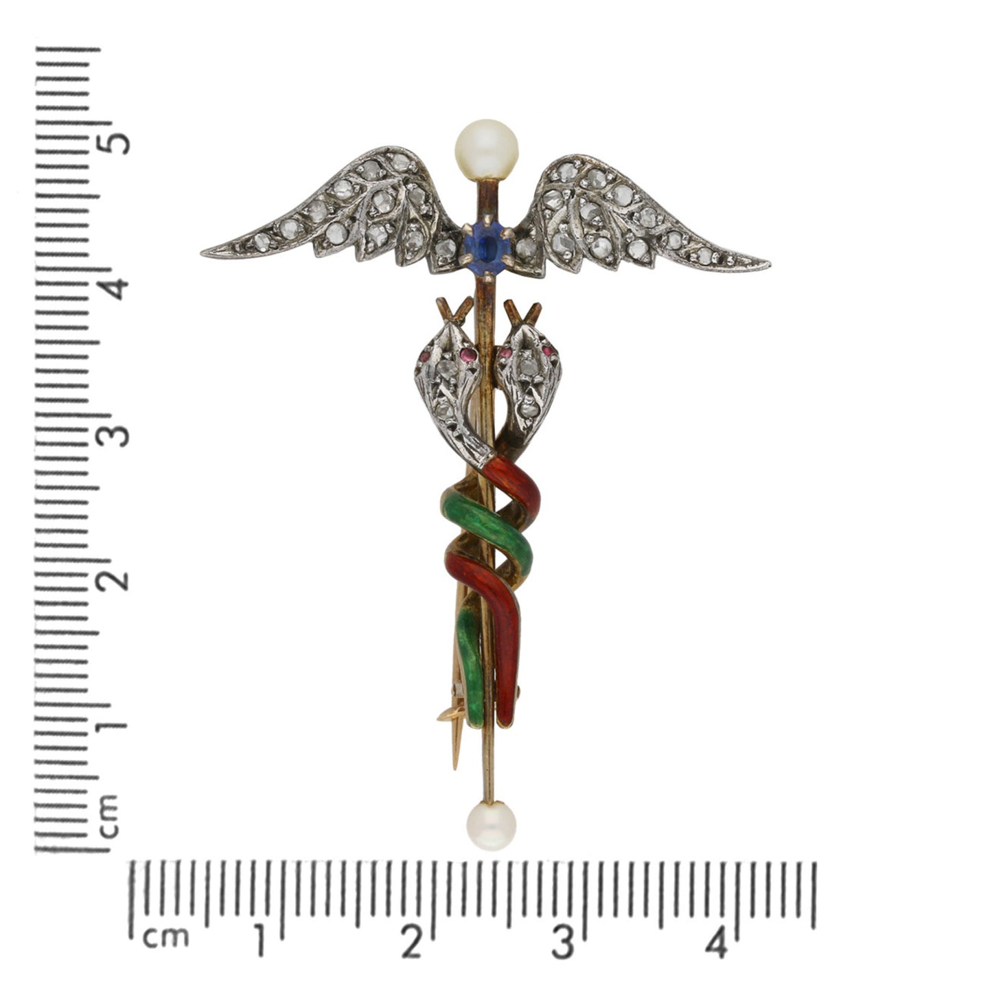 Victorian Silver & 18KT Yellow Gold Sapphire, Diamond, Enamel, Natural Pearl & Ruby Caduceus Brooch measurement