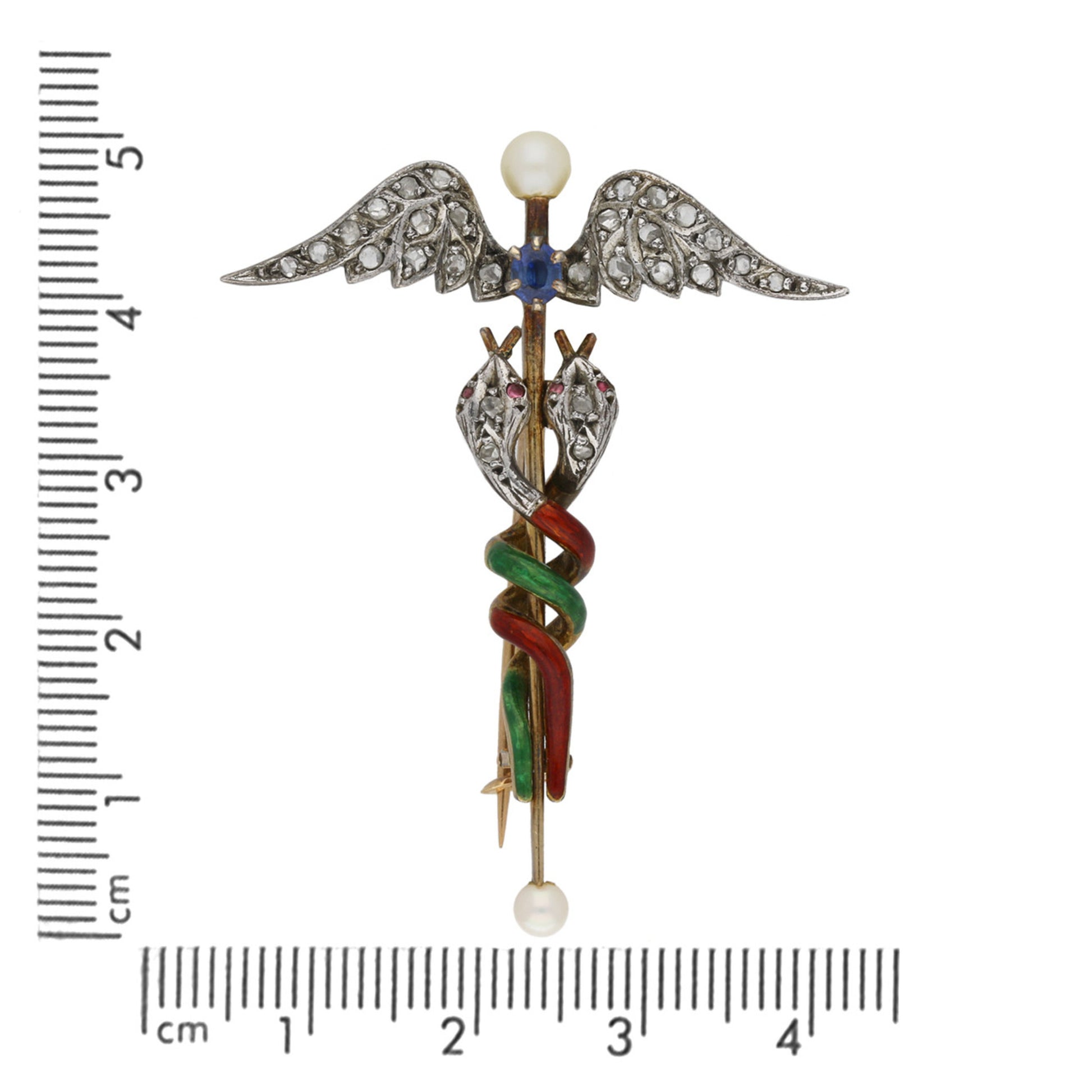 Victorian Silver & 18KT Yellow Gold Sapphire, Diamond, Enamel, Natural Pearl & Ruby Caduceus Brooch measurement