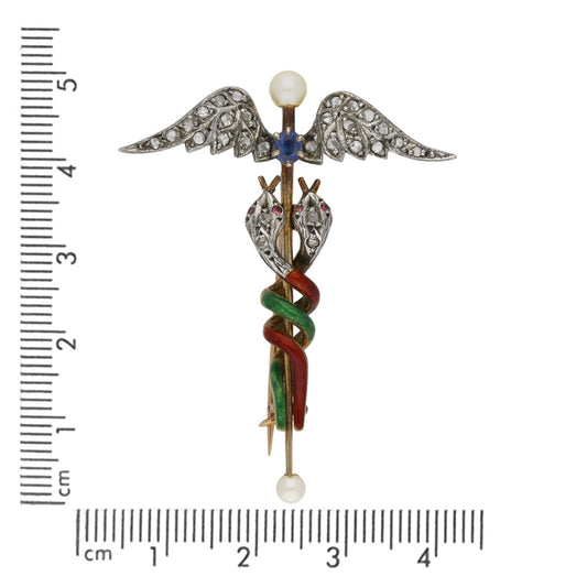 Victorian Silver & 18KT Yellow Gold Sapphire, Diamond, Enamel, Natural Pearl & Ruby Caduceus Brooch measurement