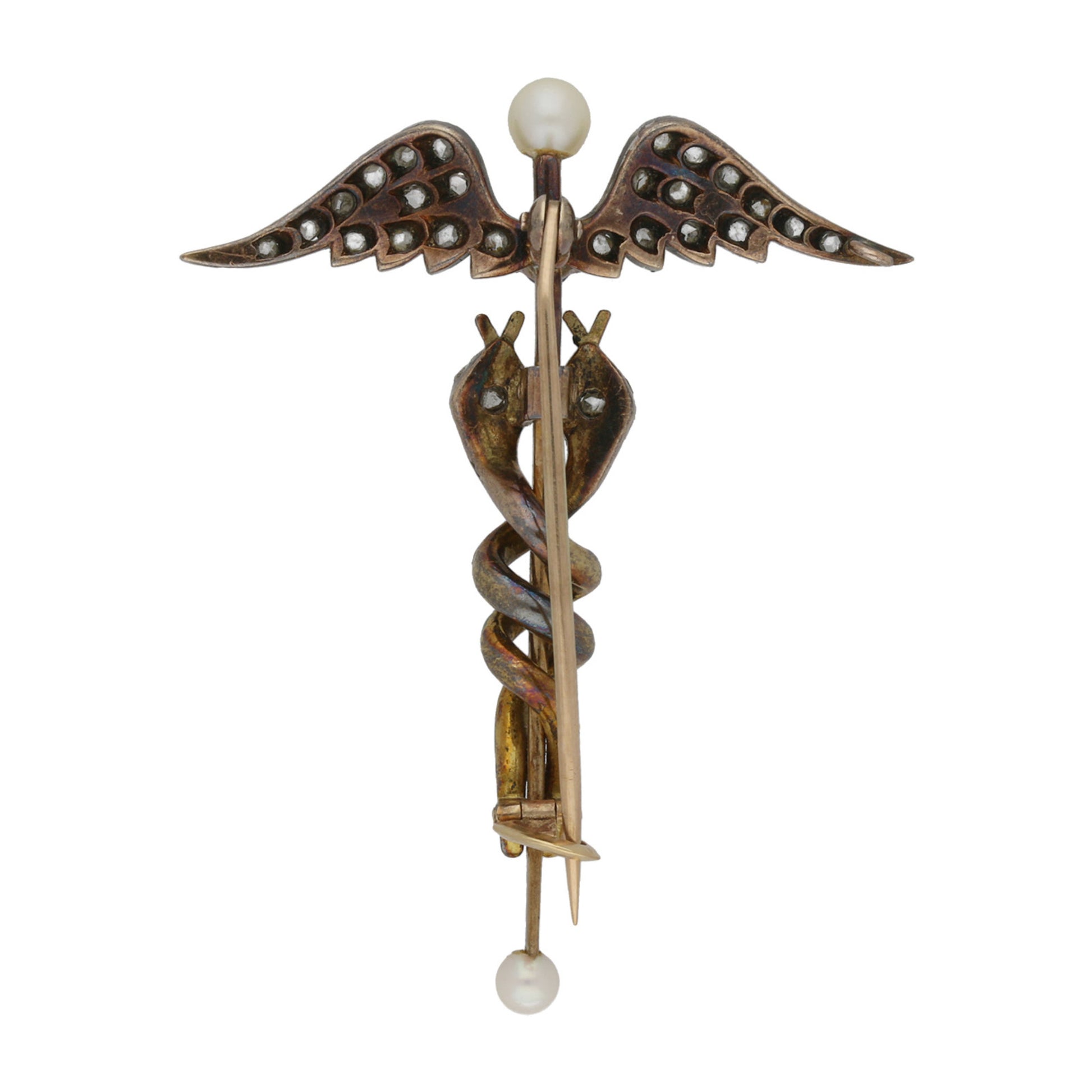 Victorian Silver & 18KT Yellow Gold Sapphire, Diamond, Enamel, Natural Pearl & Ruby Caduceus Brooch back