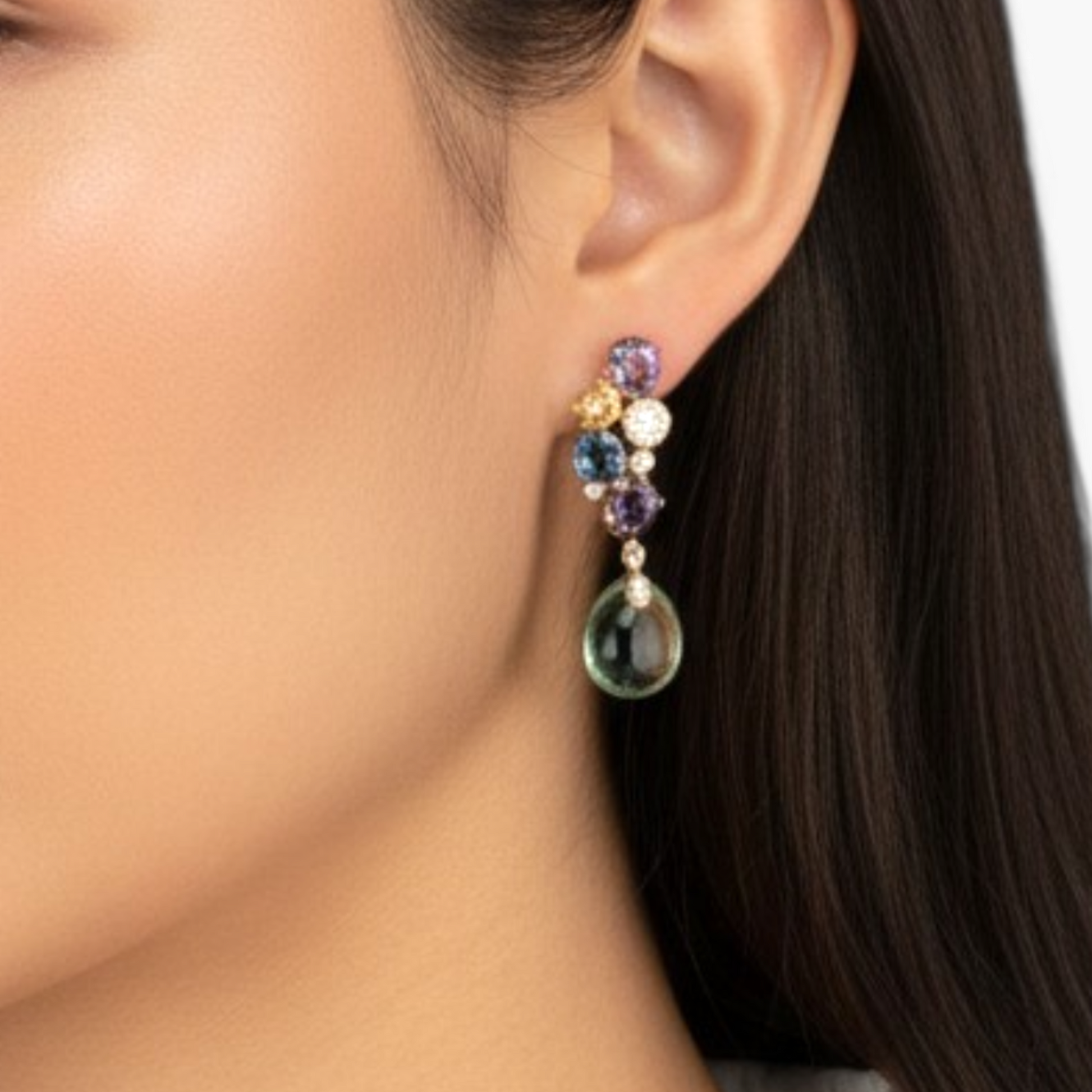 Bucherer 1980s 18KT Yellow Gold Multigem Earrings on ear