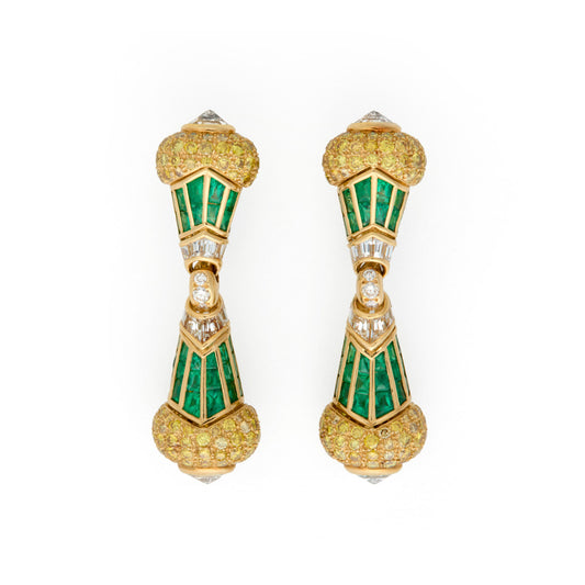 Bulgari 1980s 18KT Yellow Gold Emerald & Diamond Earrings front