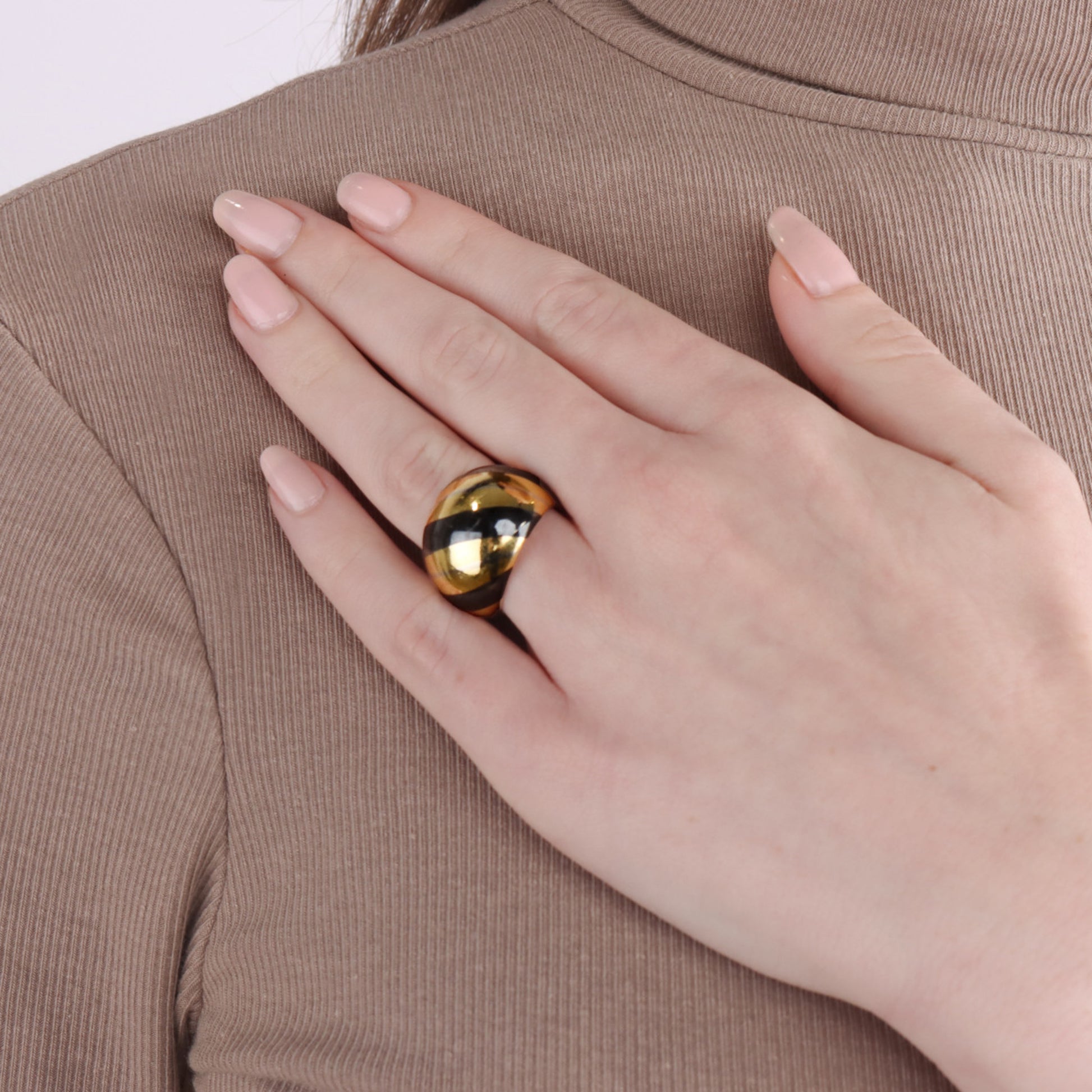 1940s Steel & 18KT Yellow Gold Enamel Ring on finger