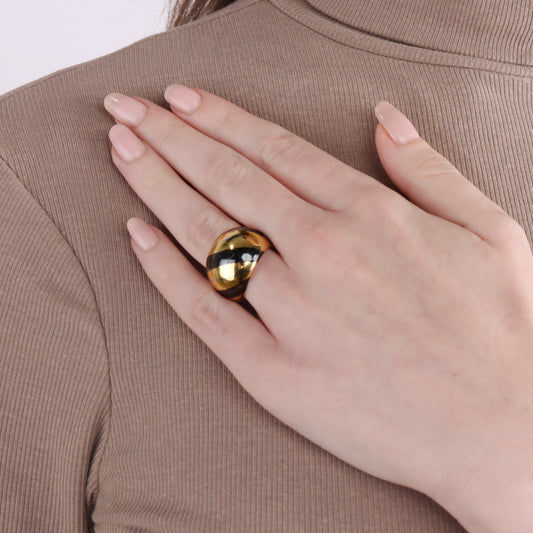 1940s Steel & 18KT Yellow Gold Enamel Ring on finger