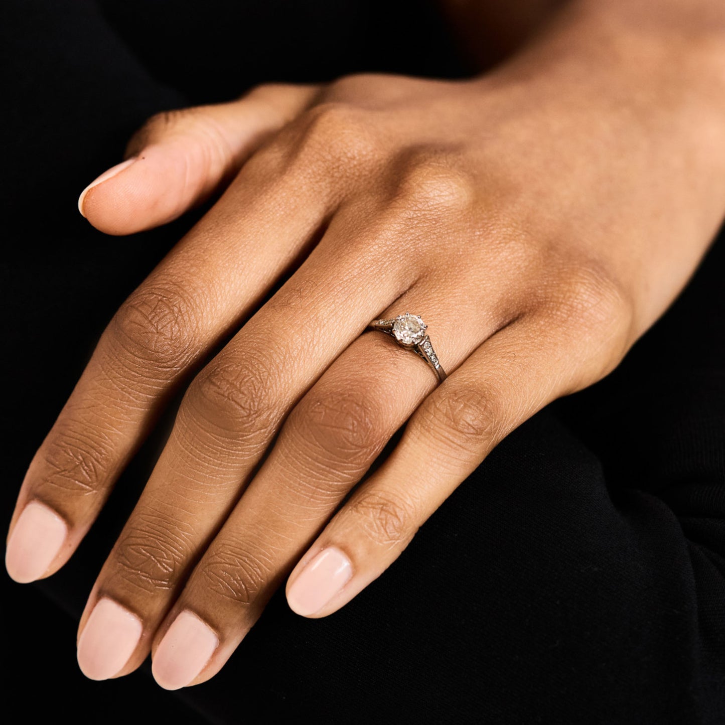 1930s Platinum & 18KT Yellow Gold Diamond Ring on finger