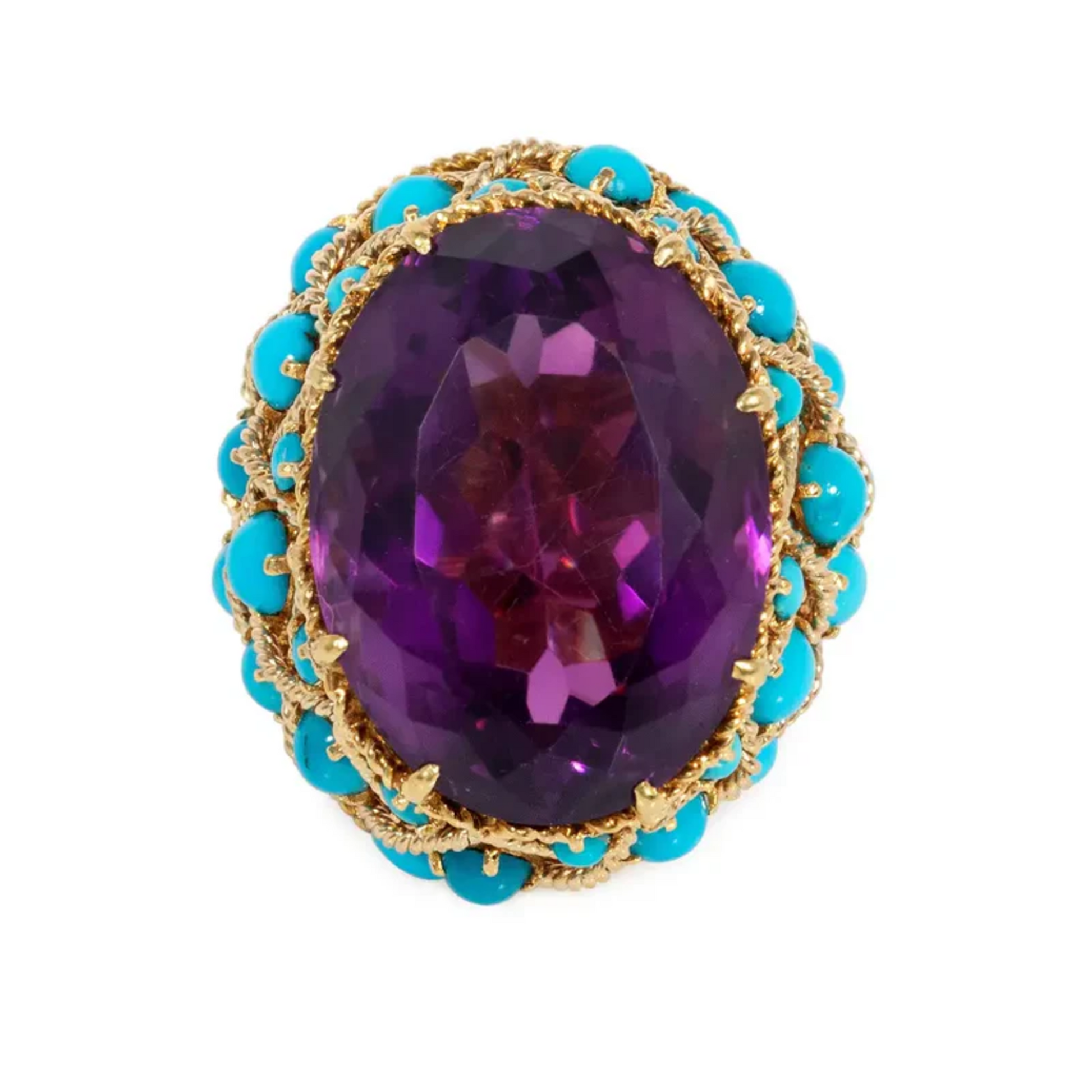 French 1960s 18KT Yellow Gold Amethyst & Turquoise Ring front