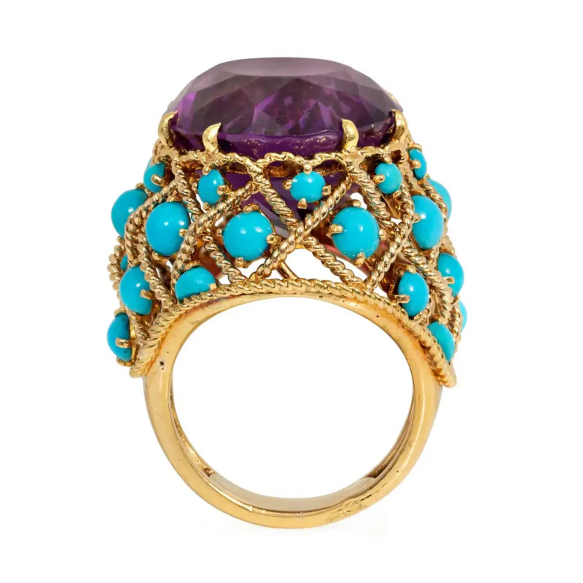 French 1960s 18KT Yellow Gold Amethyst & Turquoise Ring profile
