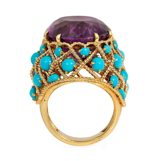 French 1960s 18KT Yellow Gold Amethyst & Turquoise Ring profile
