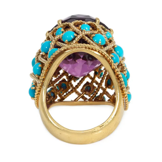 French 1960s 18KT Yellow Gold Amethyst & Turquoise Ring back