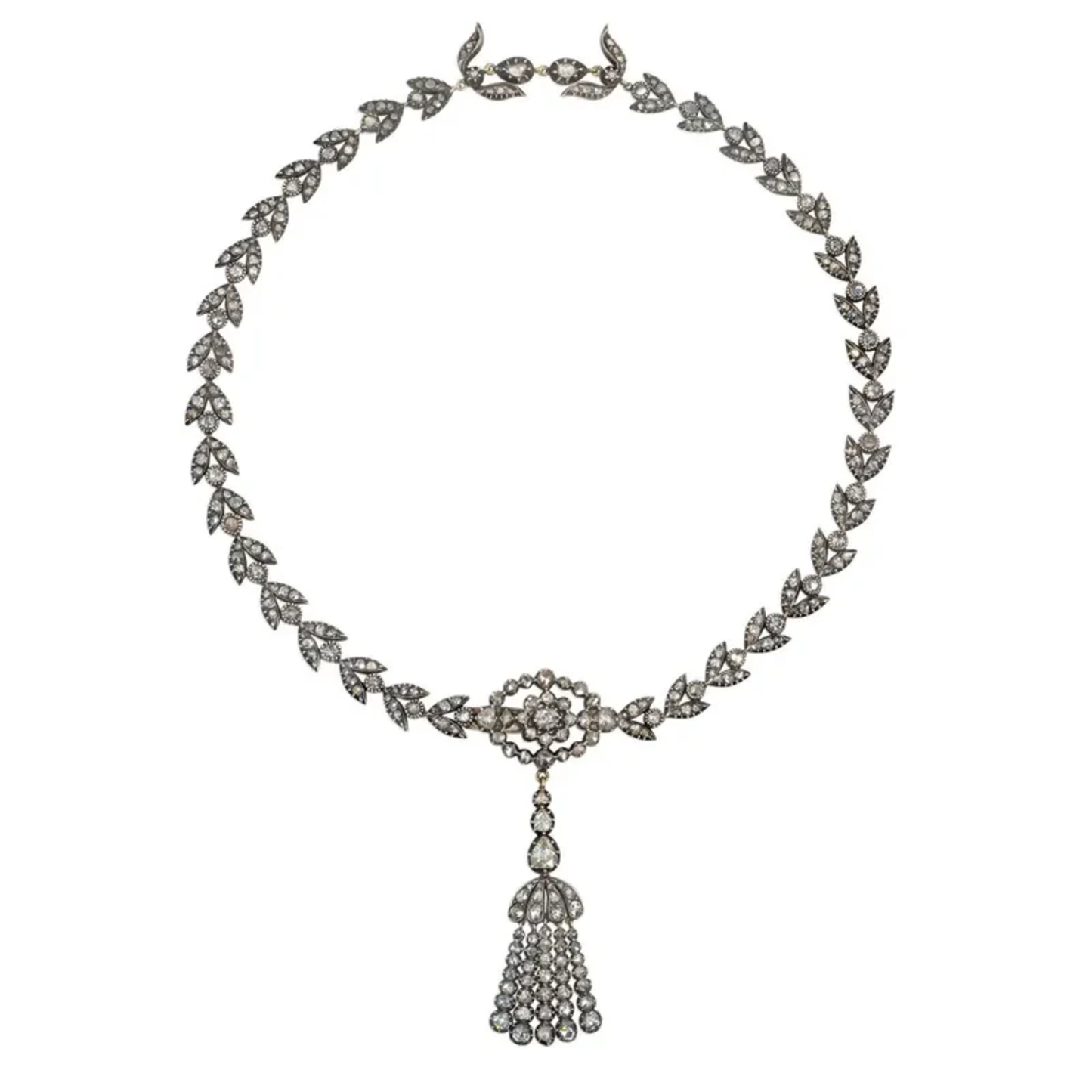 Art Deco Silver & 18KT Yellow Gold Diamond Necklace front