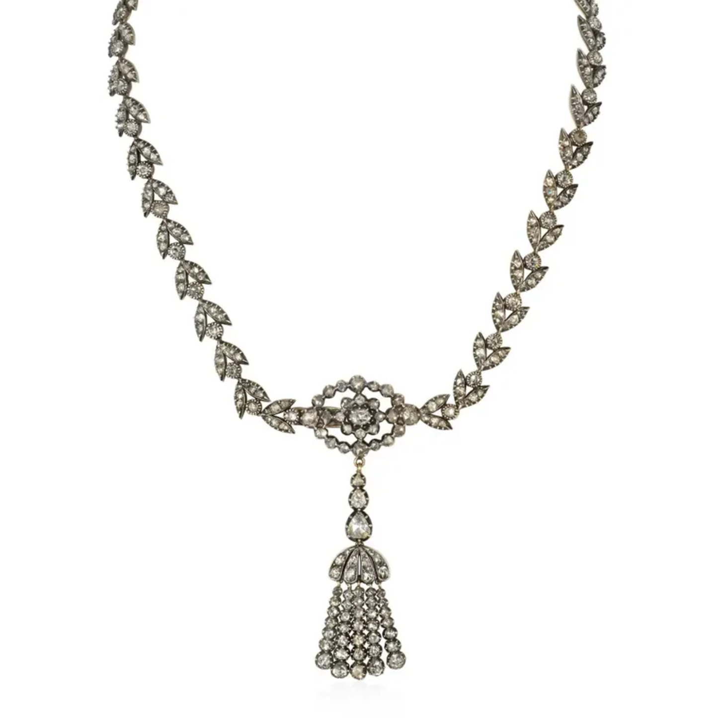 Art Deco Silver & 18KT Yellow Gold Diamond Necklace front