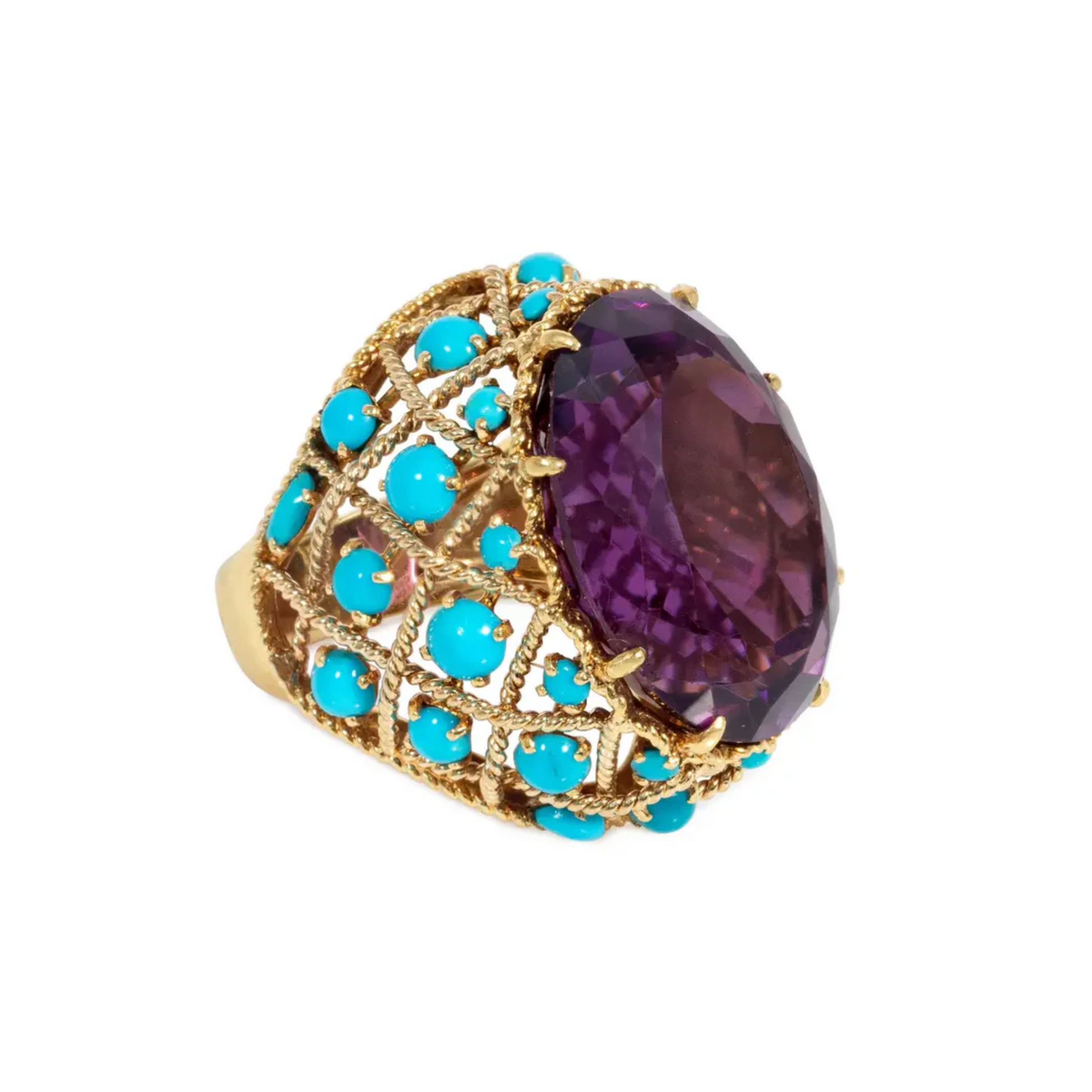 French 1960s 18KT Yellow Gold Amethyst & Turquoise Ring side