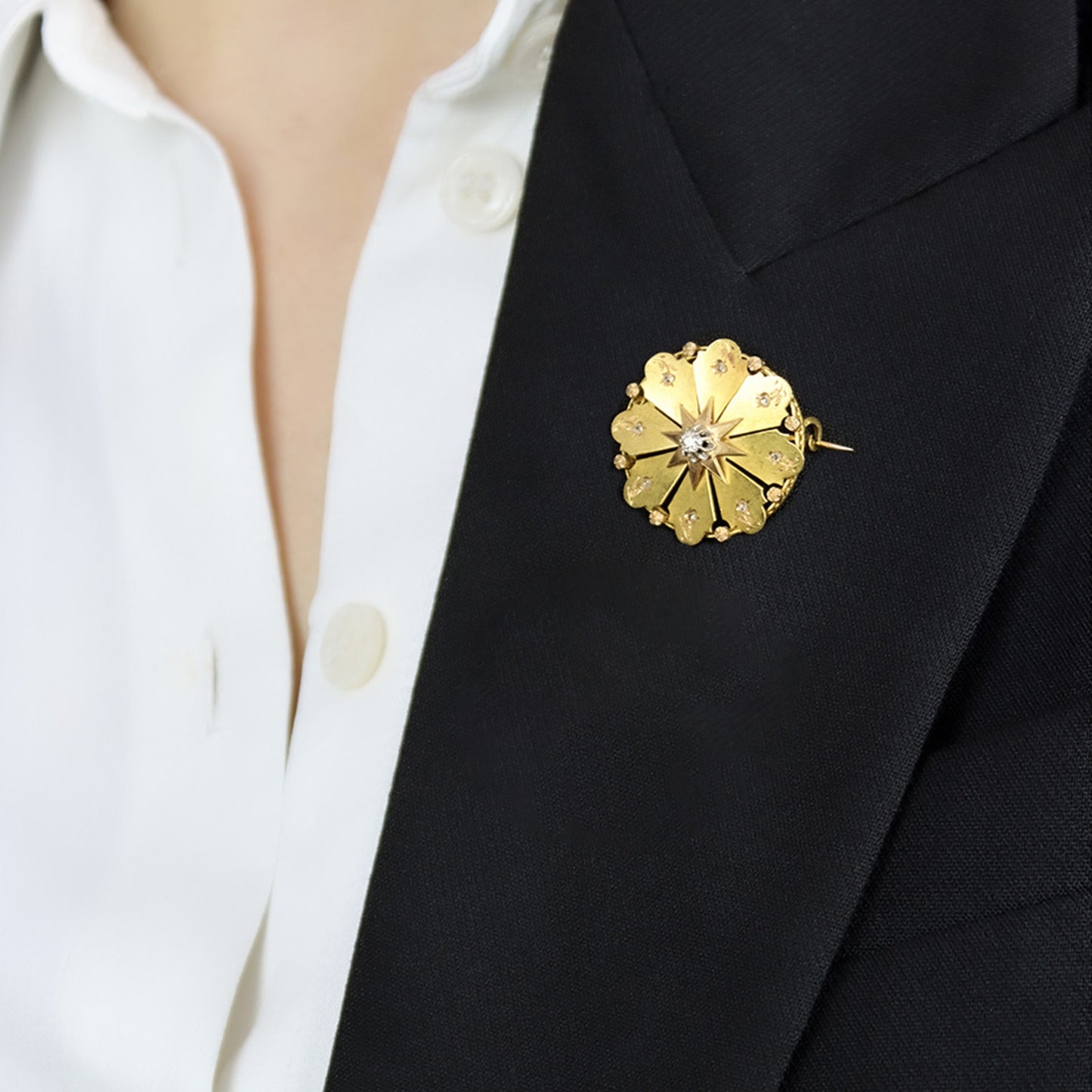 Rene Boivin Victorian Platinum & 18KT Yellow Gold Diamond Brooch on lapel