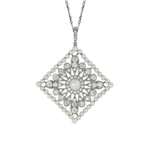 Cartier Edwardian Platinum & Iridium Natural Pearl & Diamond Necklace front