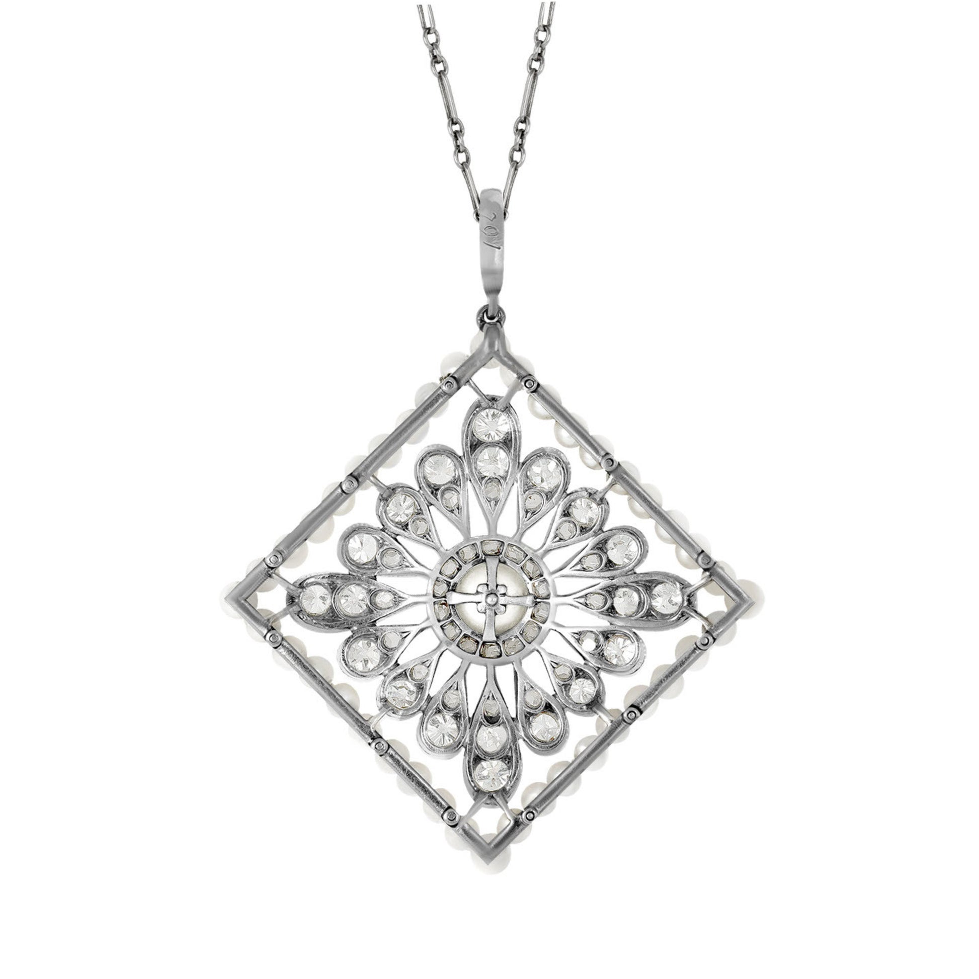 Cartier Edwardian Platinum & Iridium Natural Pearl & Diamond Necklace back
