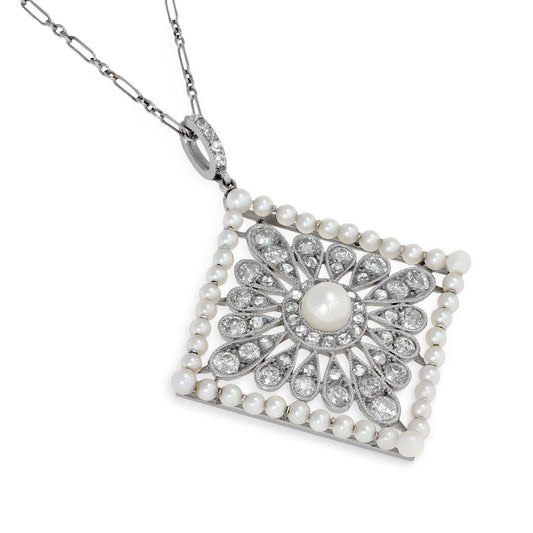 Cartier Edwardian Platinum & Iridium Natural Pearl & Diamond Necklace front