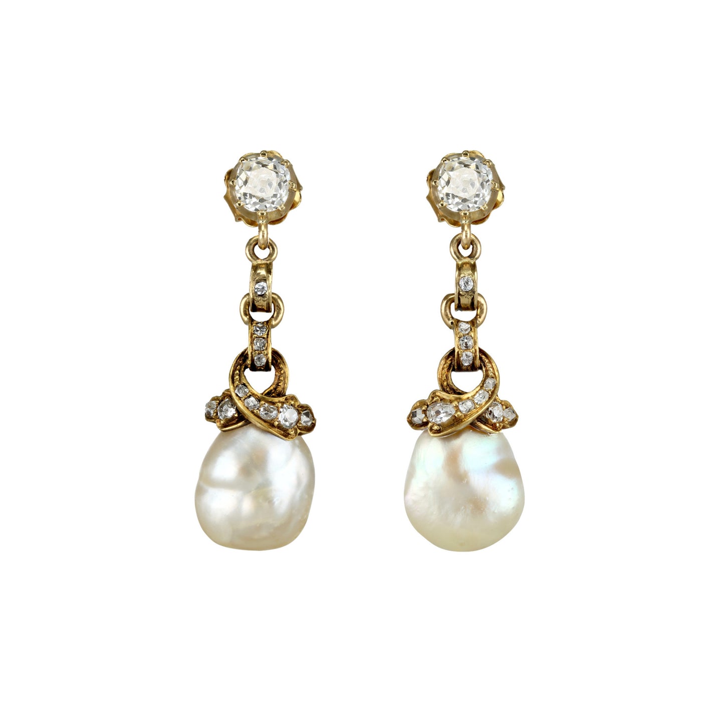 Edwardian 18KT Yellow Gold Natural Pearl & Diamond Earrings front