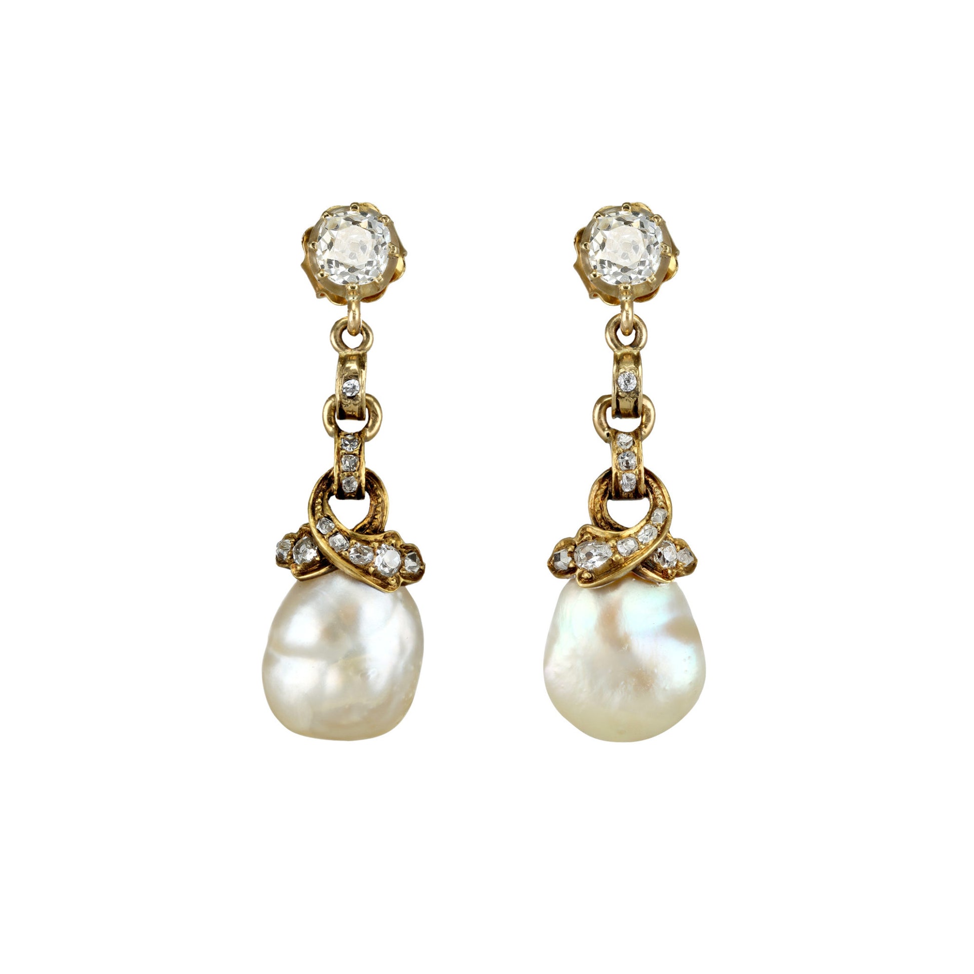 Edwardian 18KT Yellow Gold Natural Pearl & Diamond Earrings front