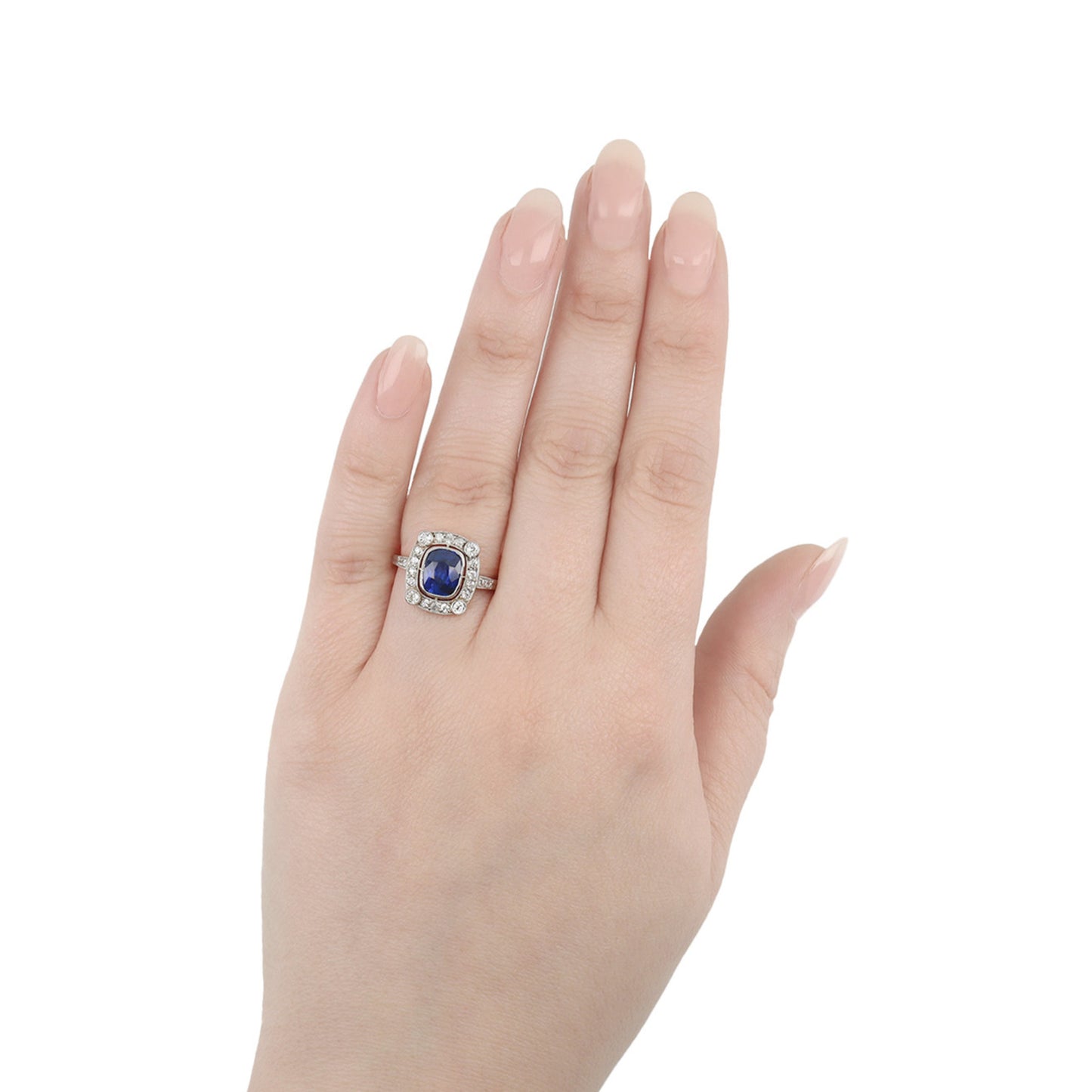 Edwardian Platinum & 18KT Yellow Gold Sapphire & Diamond Ring on finger