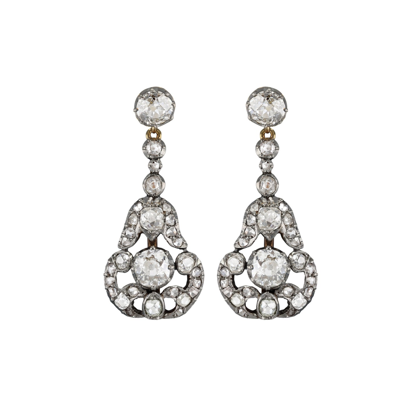 Edwardian Platinum, Silver & 18KT Yellow Gold Diamond Earrings front