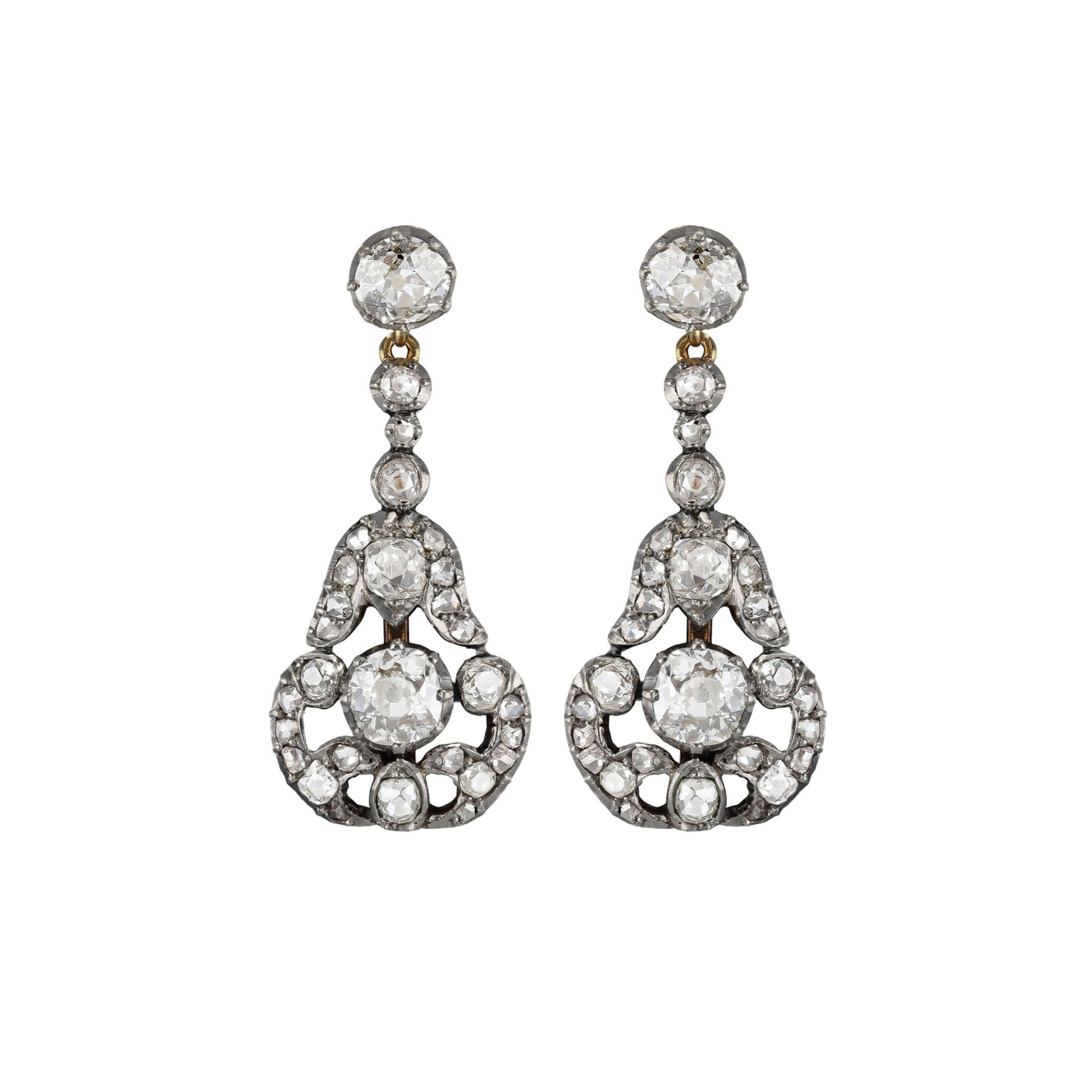 Edwardian Platinum, Silver & 18KT Yellow Gold Diamond Earrings front