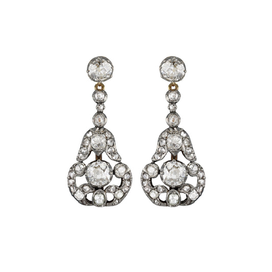 Edwardian Platinum, Silver & 18KT Yellow Gold Diamond Earrings front
