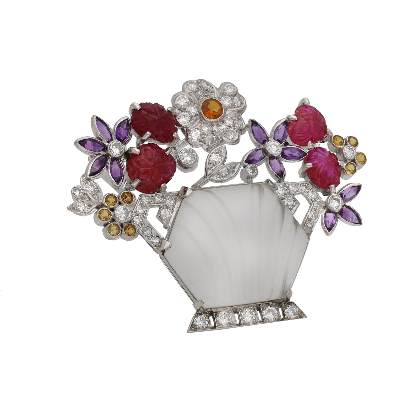 London 1930s Platinum Ruby, Amethyst, Citrine & Diamond Flower Brooch front