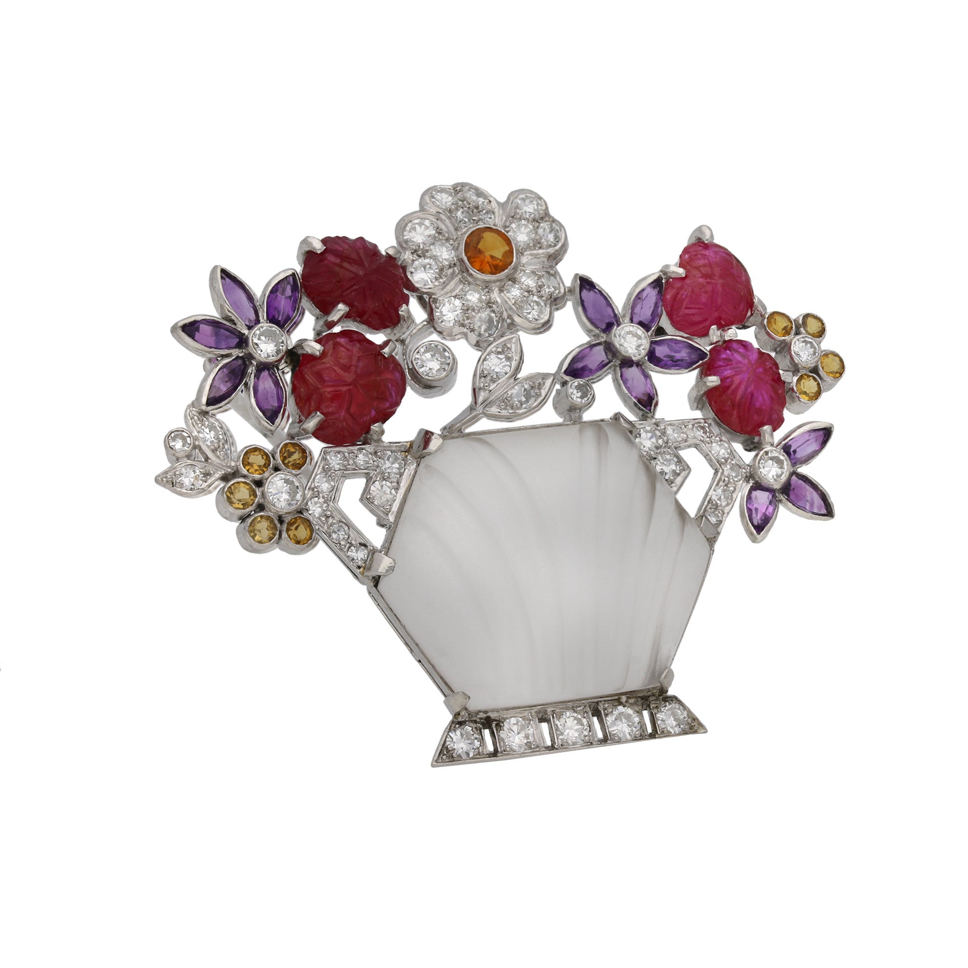 London 1930s Platinum Ruby, Amethyst, Citrine & Diamond Flower Brooch front