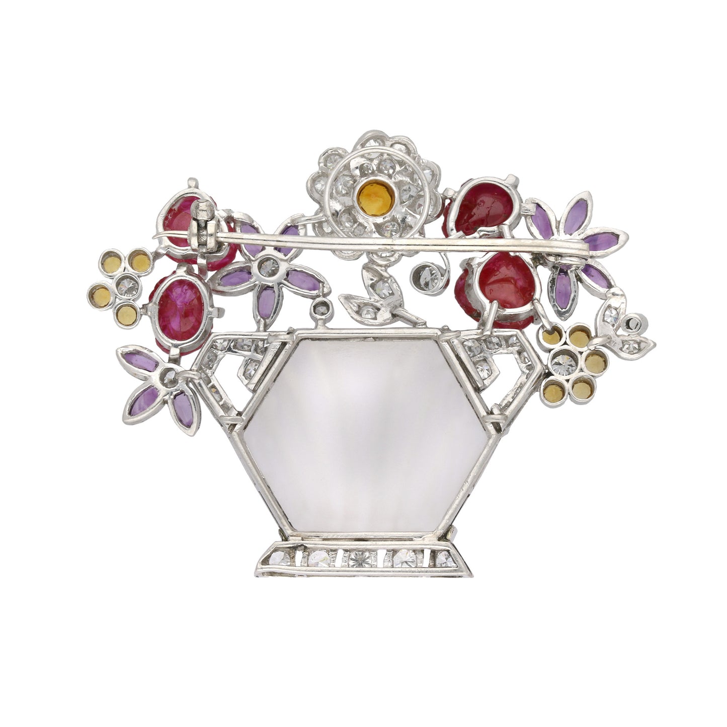 London 1930s Platinum Ruby, Amethyst, Citrine & Diamond Flower Brooch back