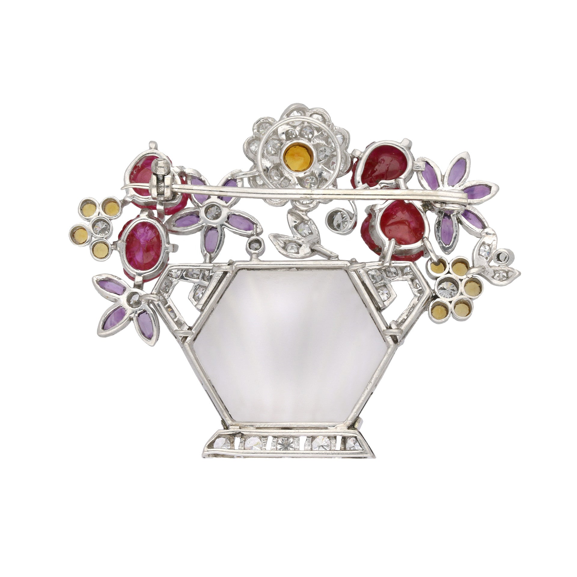 London 1930s Platinum Ruby, Amethyst, Citrine & Diamond Flower Brooch back