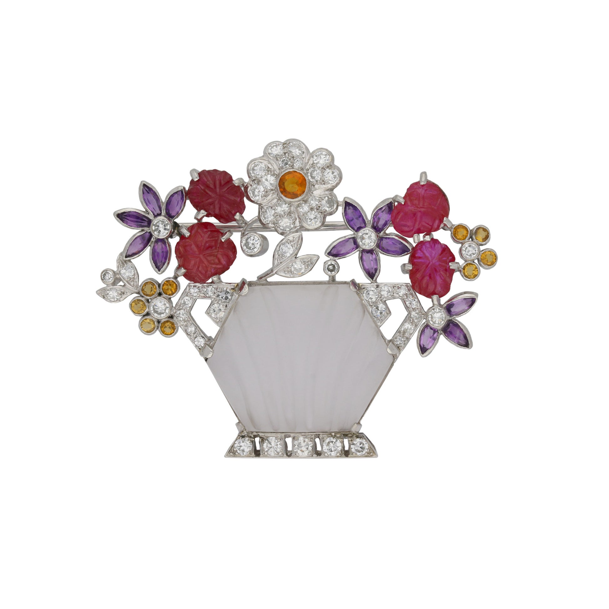 London 1930s Platinum Ruby, Amethyst, Citrine & Diamond Flower Brooch front